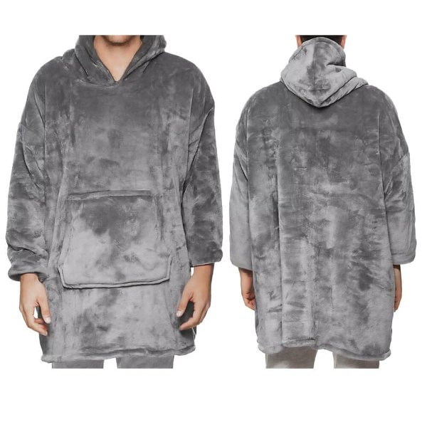 שמיכת קפוצ'ון לבישה מבד קורל פליז בצבעים שמנת, אפור ושחור עם שרוולים וכיס קדמי.